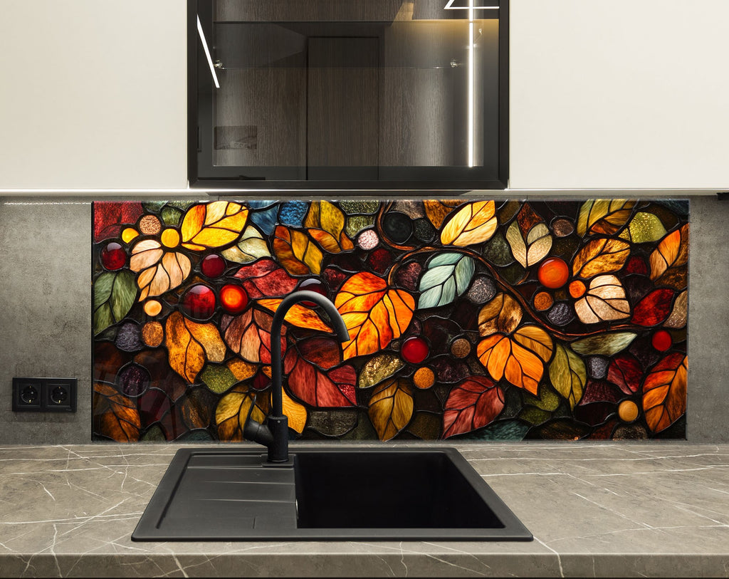 Colorful autumn leaf design on glass kitchen backsplash – a touch of nature indoors.

