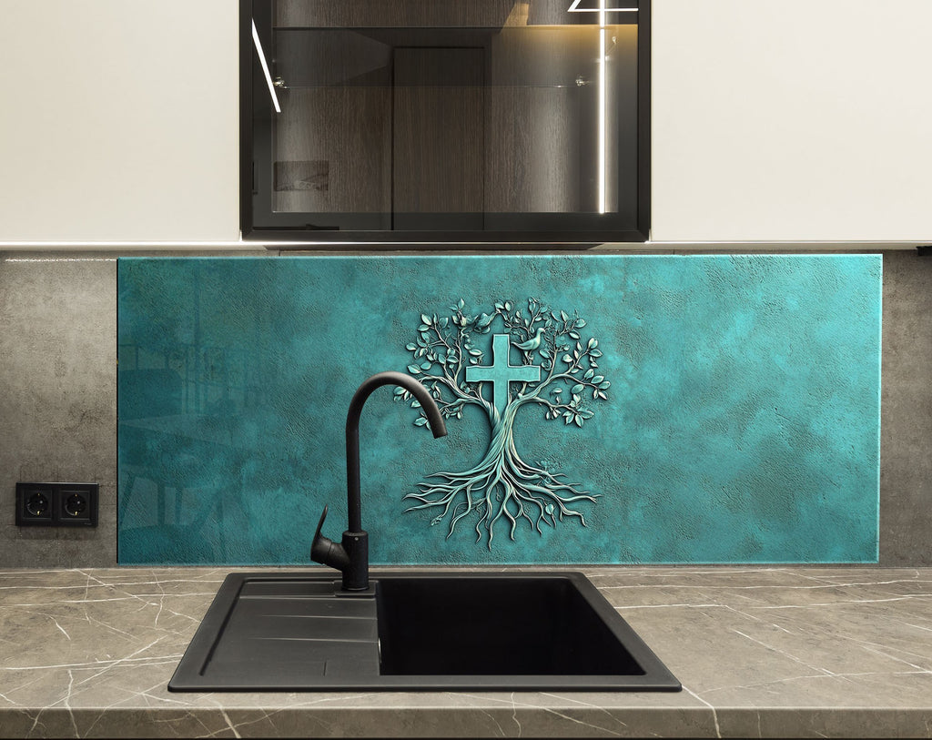 Teal glass backsplash featuring a Christian tree of life motif with rooted cross.

