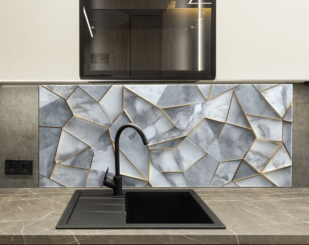 Abstract stone pattern glass backsplash for kitchens – luxury meets symmetry.

