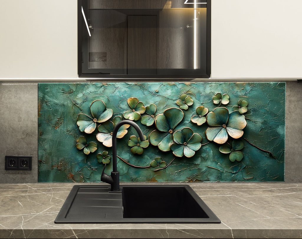 Elegant botanical pattern glass backsplash in teal green with metallic detailing – artistic and timeless.

