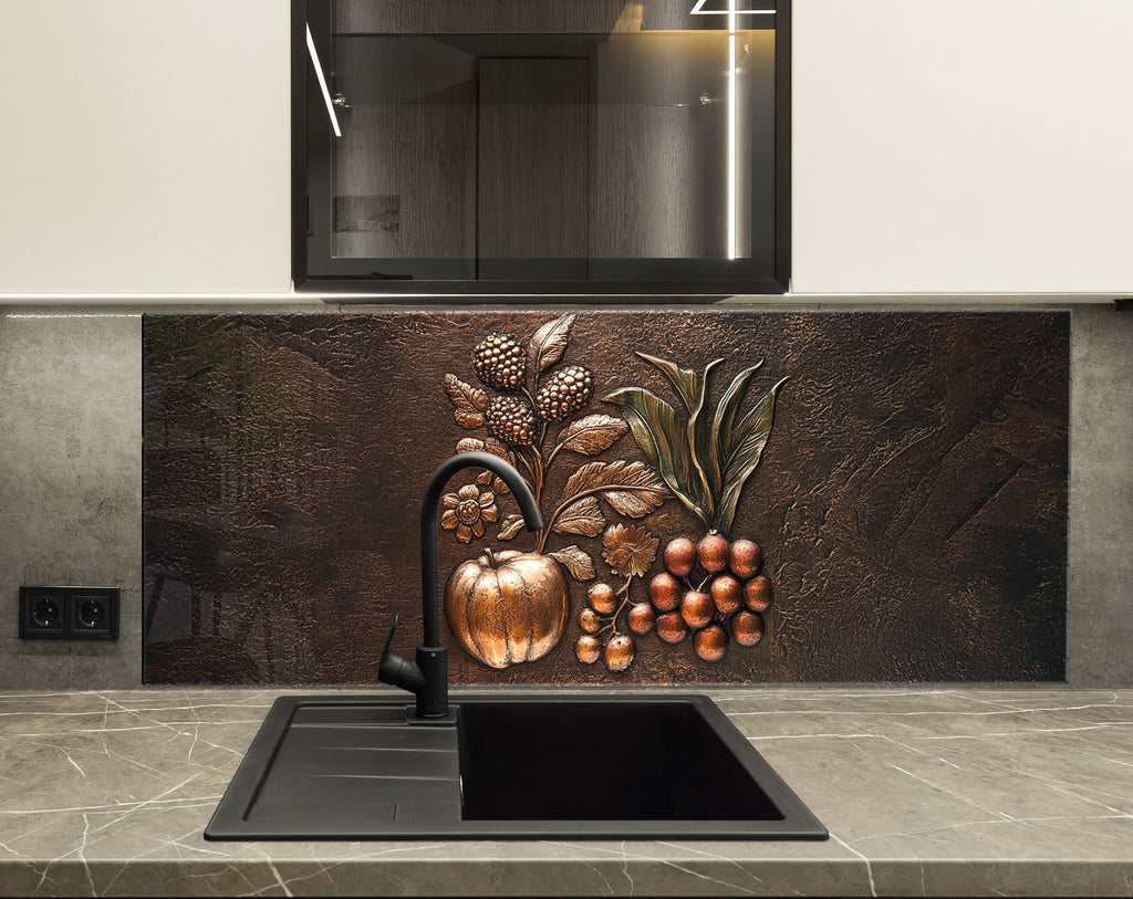 Timeless fruit motif glass backsplash in bronze tones – ideal for farmhouse kitchens.

