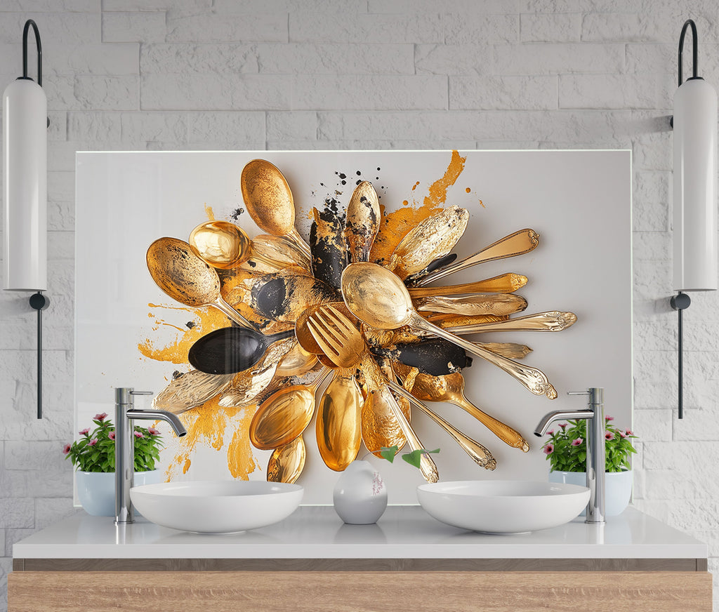 Modern kitchen glass backsplash with abstract golden spoon art – bold and artistic touch.

