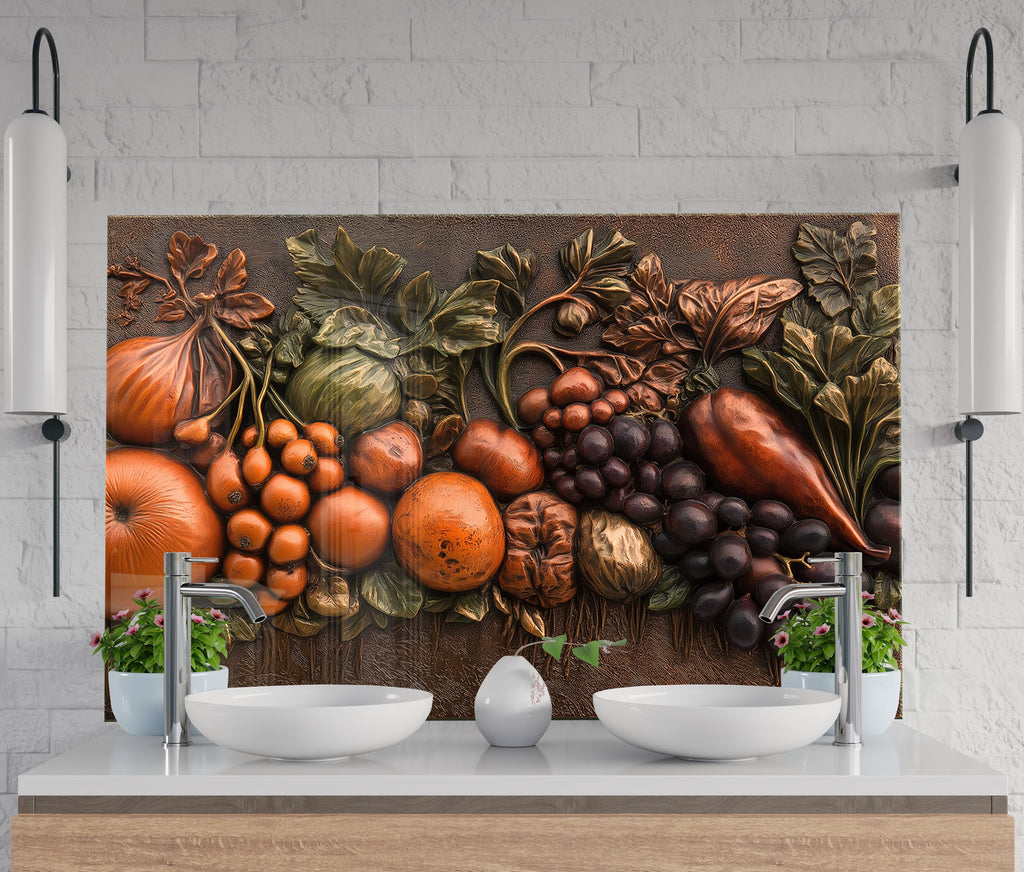 Farm-to-table inspired glass backsplash featuring detailed harvest relief design.

