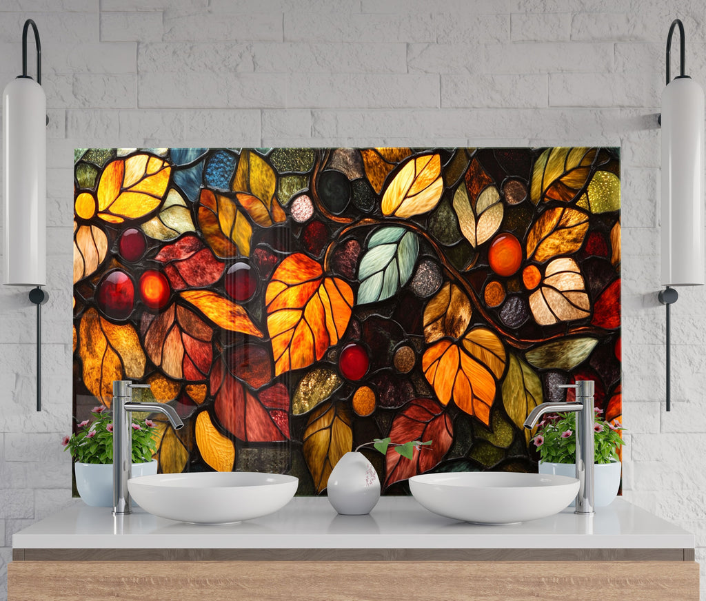 Multicolor fall foliage glass backsplash for kitchen – vibrant and seasonal warmth.

