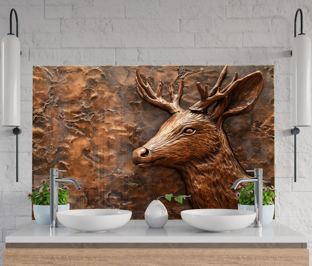 Textured bronze effect glass kitchen backsplash featuring noble deer profile.

