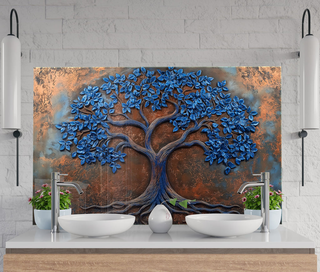 Copper-tone glass kitchen backsplash with sculpted blue tree – artistic and bold design.

