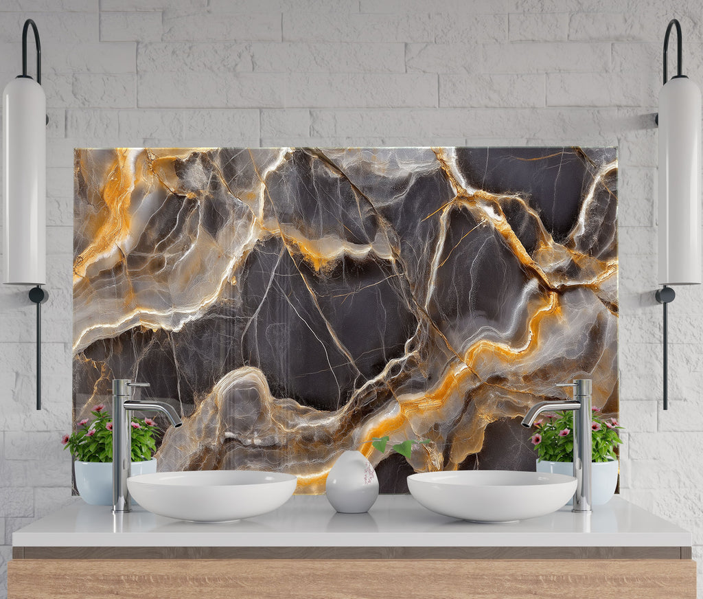Modern luxury kitchen backsplash with bold marble swirl in glass finish.

