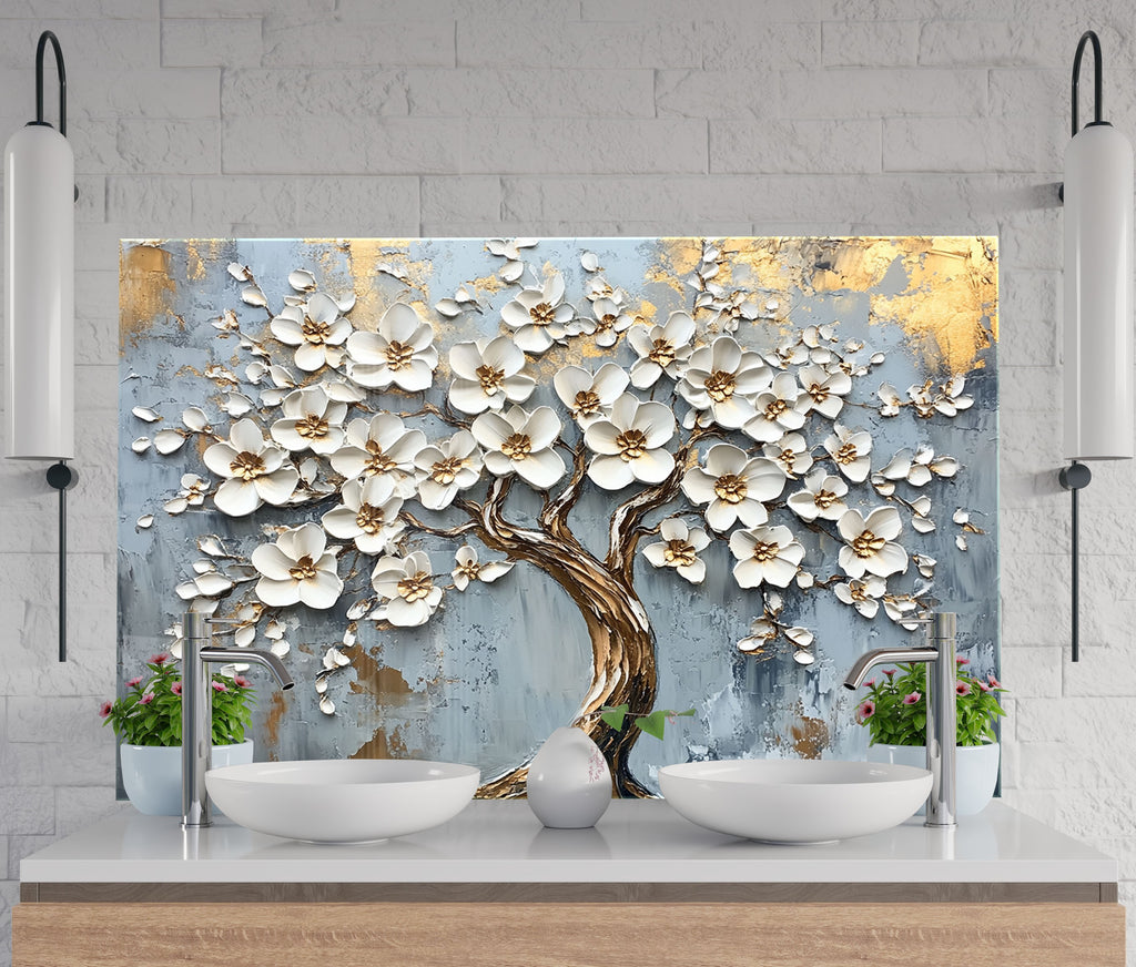 Blooming white floral glass backsplash with shimmering accents for upscale kitchens.

