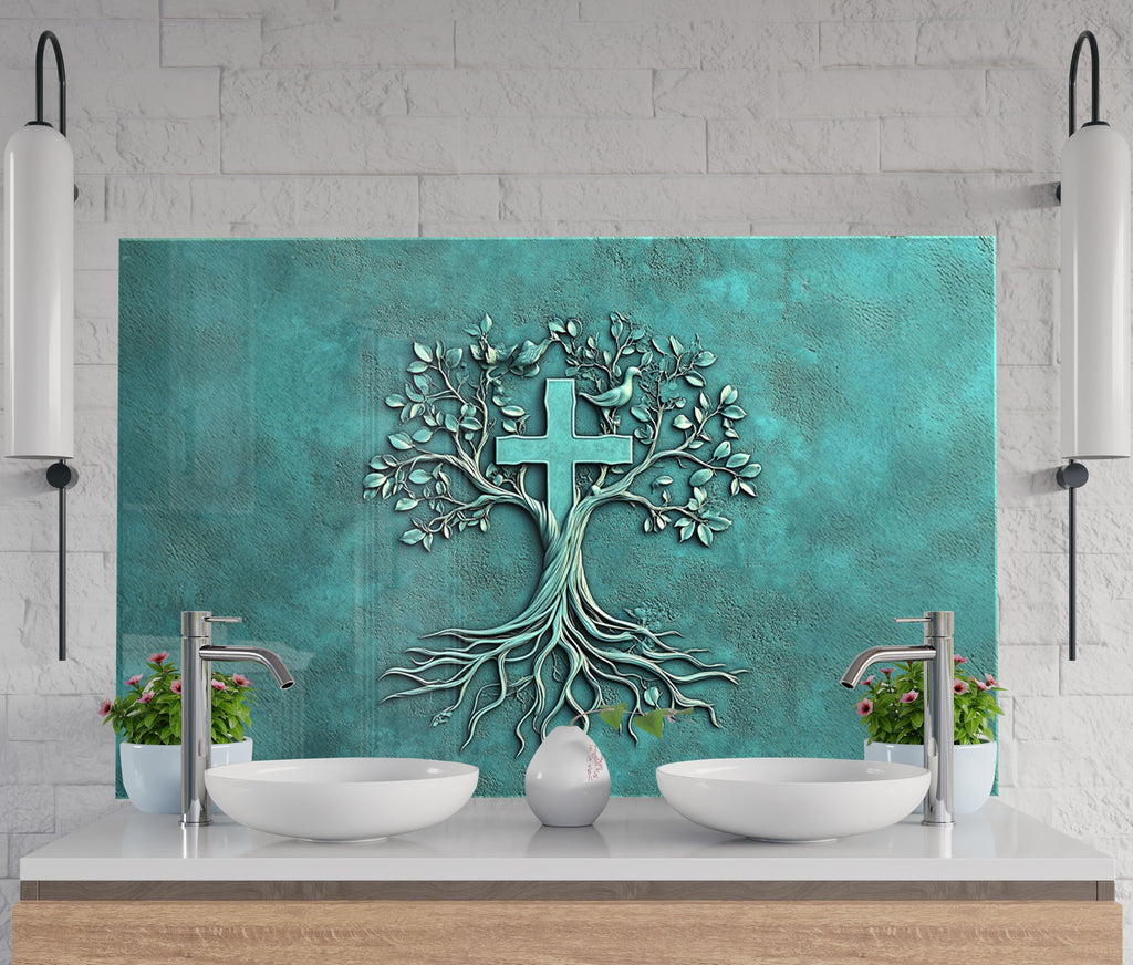 Faith-inspired tree of life glass kitchen backsplash with cross design – spiritual elegance.

