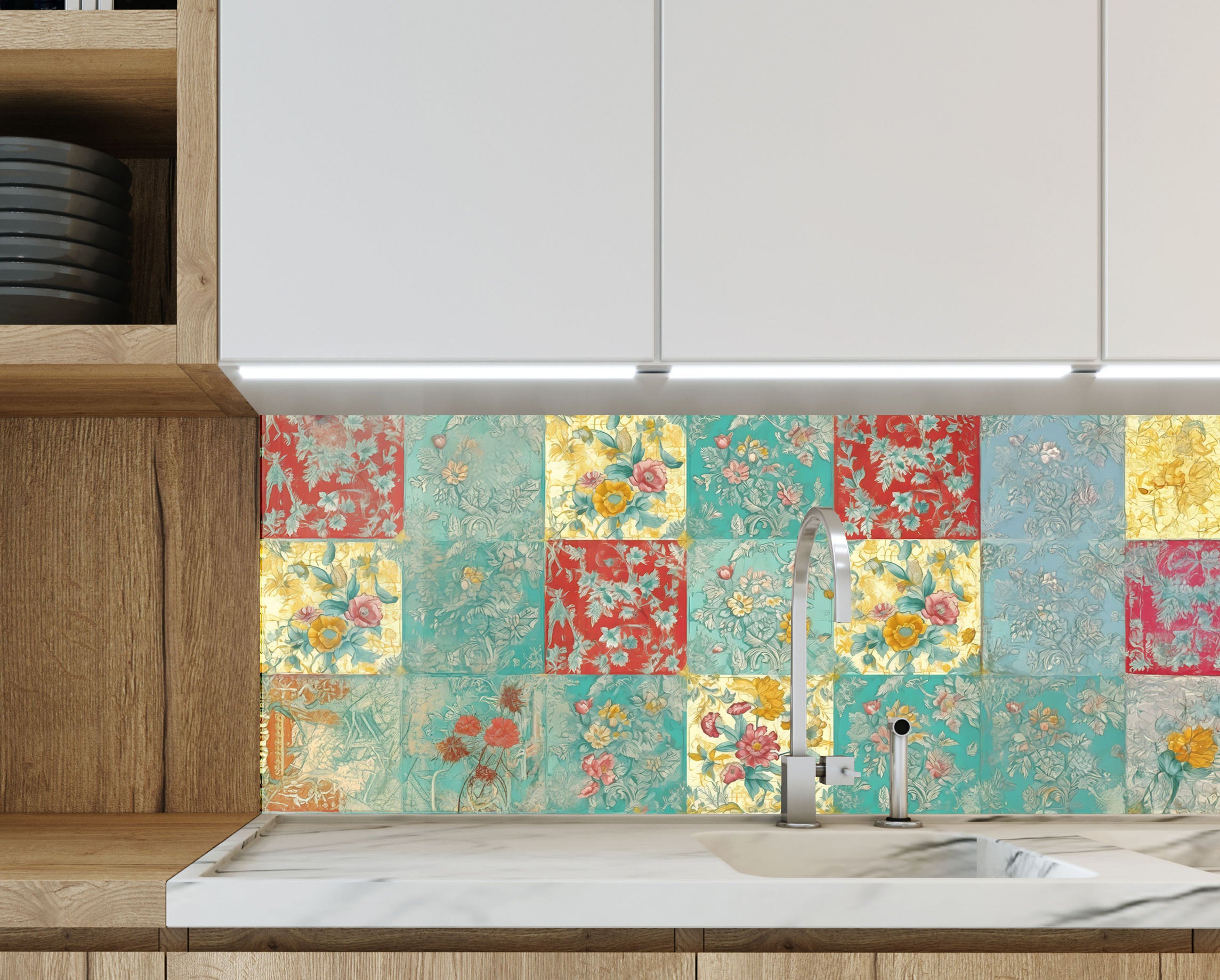 Vintage Floral Patchwork – Glass Kitchen Backsplash – BacksplashArtworks