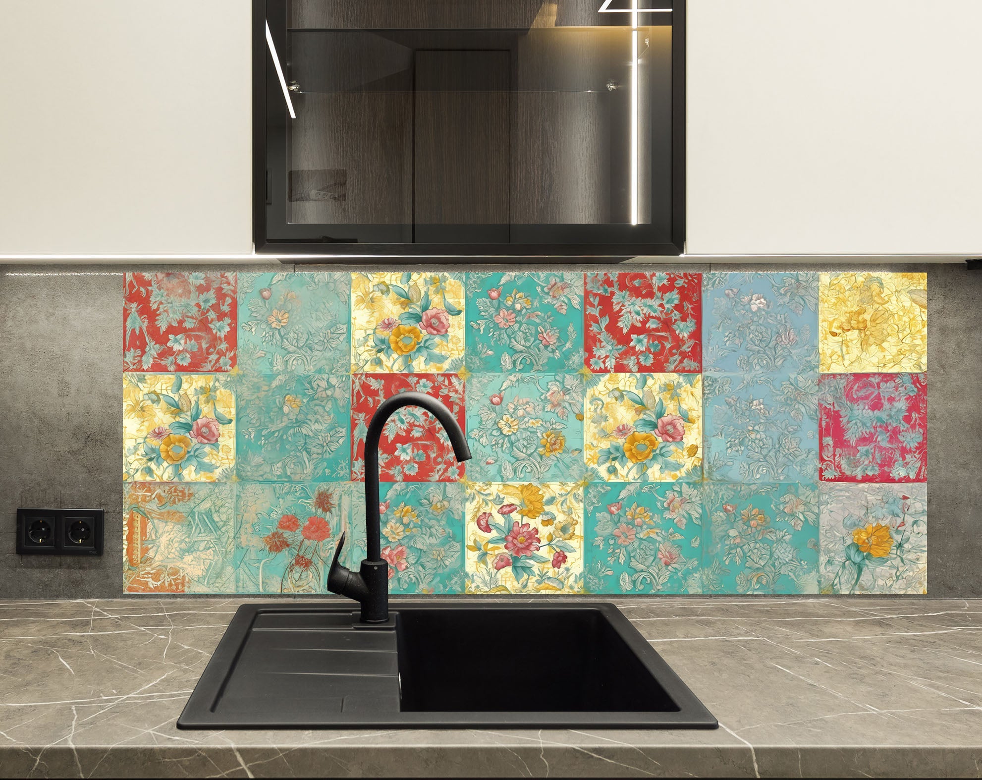 Vintage Floral Patchwork – Glass Kitchen Backsplash – BacksplashArtworks