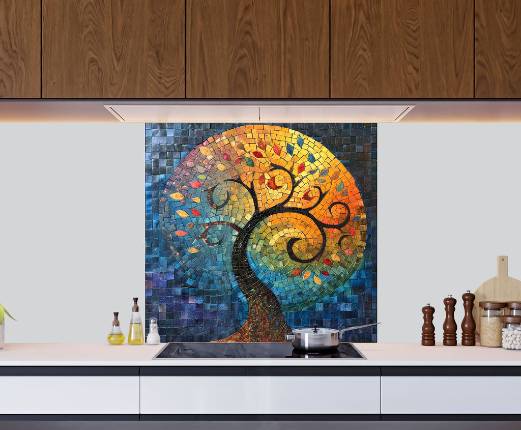 Mosaic Glass Kitchen Backsplash with Colorful Tree of Life Design-BacksplashArtworks