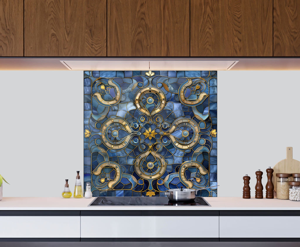 Royal Blue & Gold - Glass Kitchen Backsplash-BacksplashArtworks