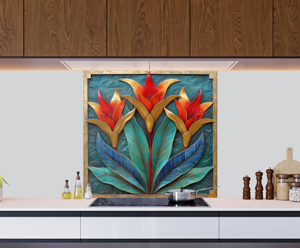 Exotic Bloom Elegance - Glass Kitchen Backsplash-BacksplashArtworks