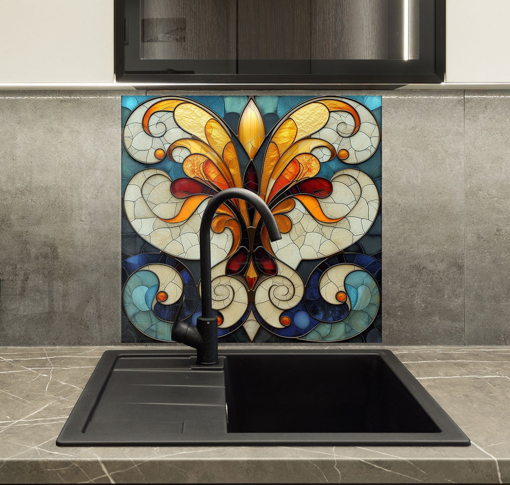Baroque Fleur-de-Lis - Glass Kitchen Backsplash-BacksplashArtworks