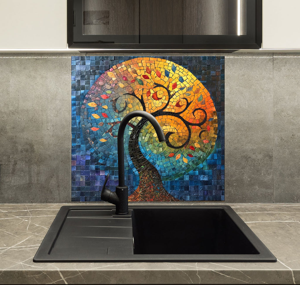Mosaic Glass Kitchen Backsplash with Colorful Tree of Life Design-BacksplashArtworks
