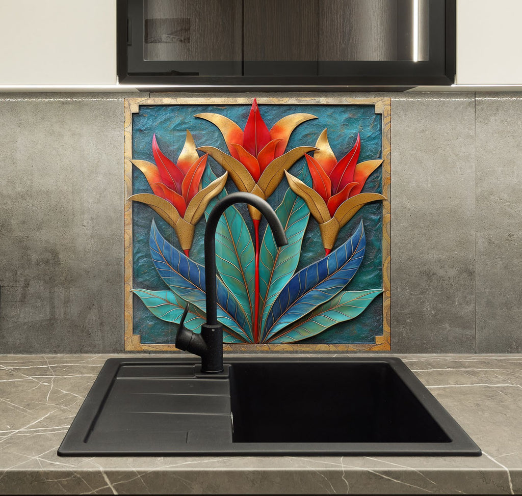 Exotic Bloom Elegance - Glass Kitchen Backsplash-BacksplashArtworks