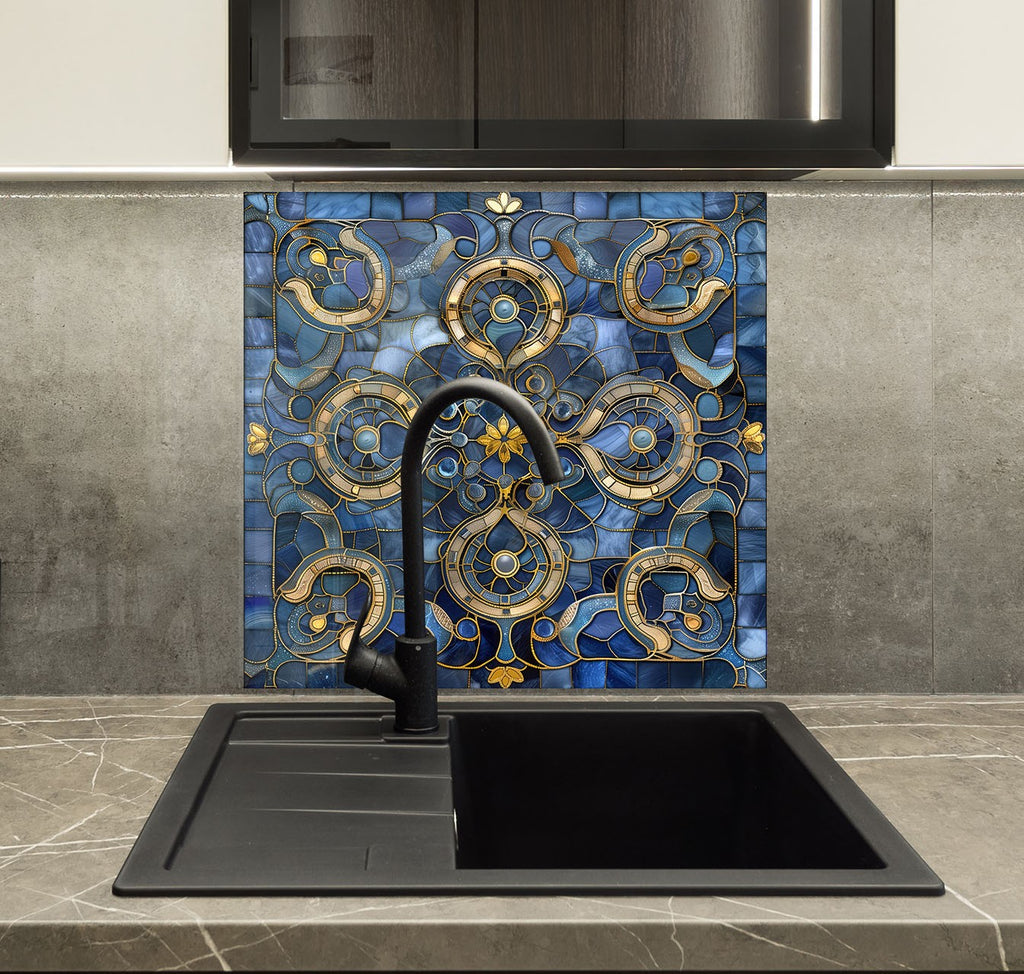 Royal Blue & Gold - Glass Kitchen Backsplash-BacksplashArtworks