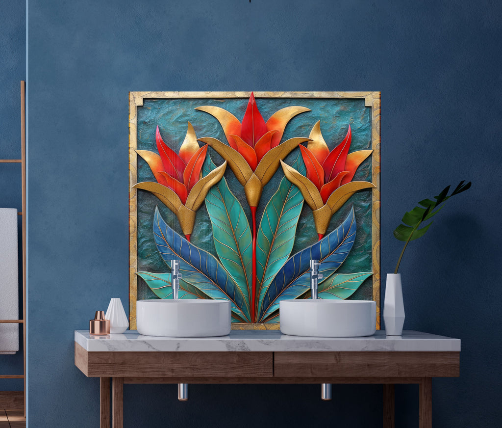 Exotic Bloom Elegance - Glass Kitchen Backsplash-BacksplashArtworks