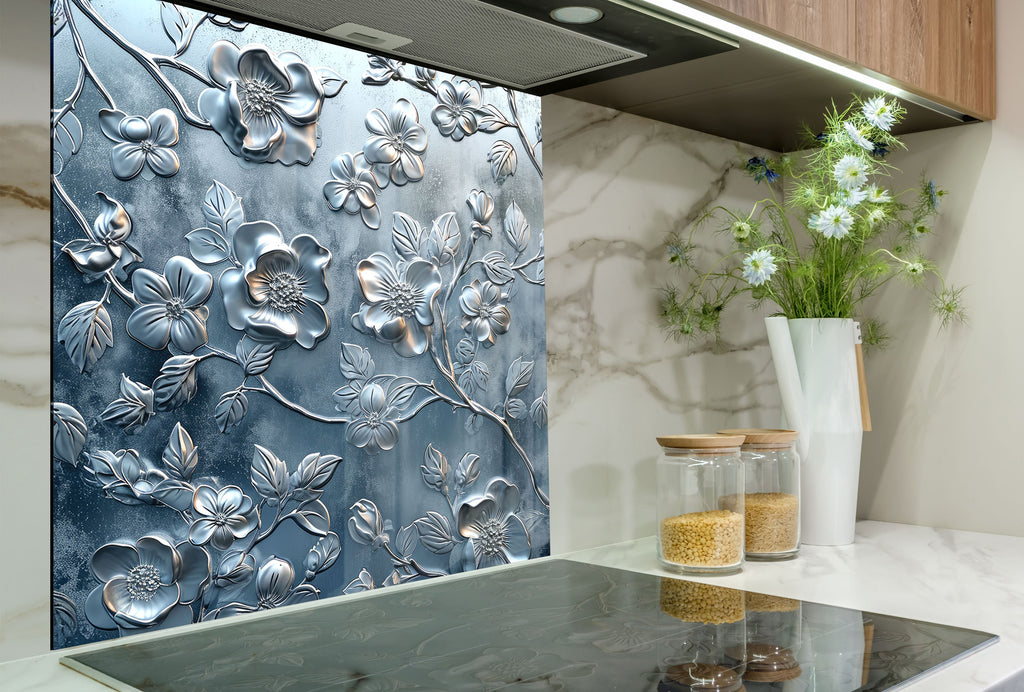 Silver Blossom Elegance - Glass Kitchen Backsplash-BacksplashArtworks