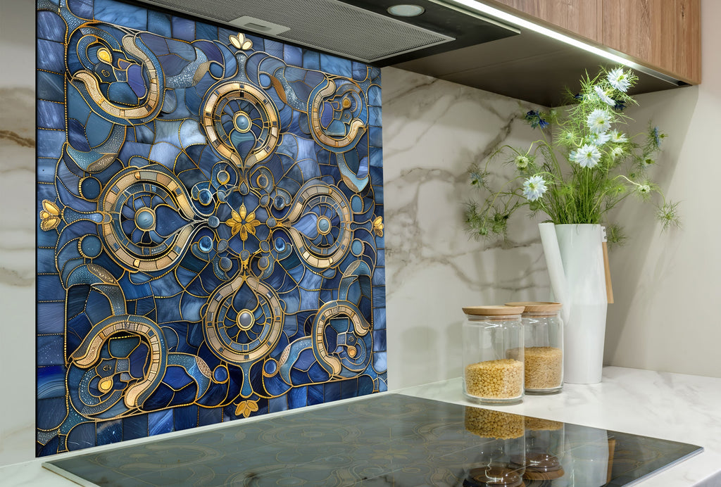 Royal Blue & Gold - Glass Kitchen Backsplash-BacksplashArtworks
