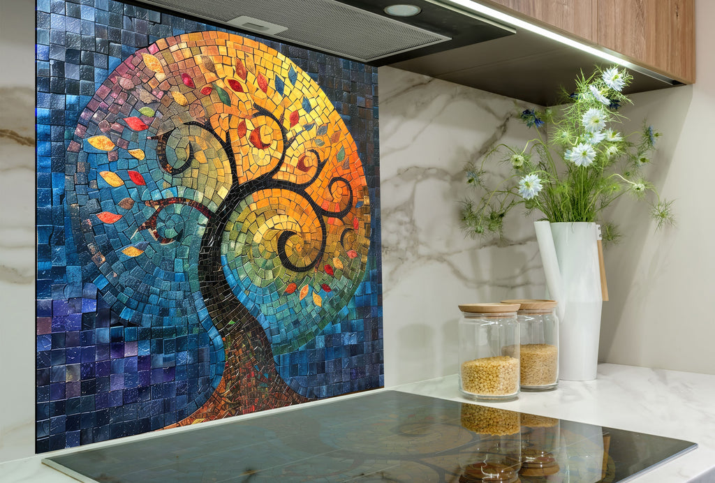 Mosaic Glass Kitchen Backsplash with Colorful Tree of Life Design-BacksplashArtworks