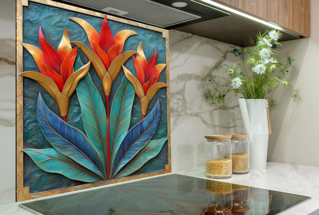 Exotic Bloom Elegance - Glass Kitchen Backsplash-BacksplashArtworks