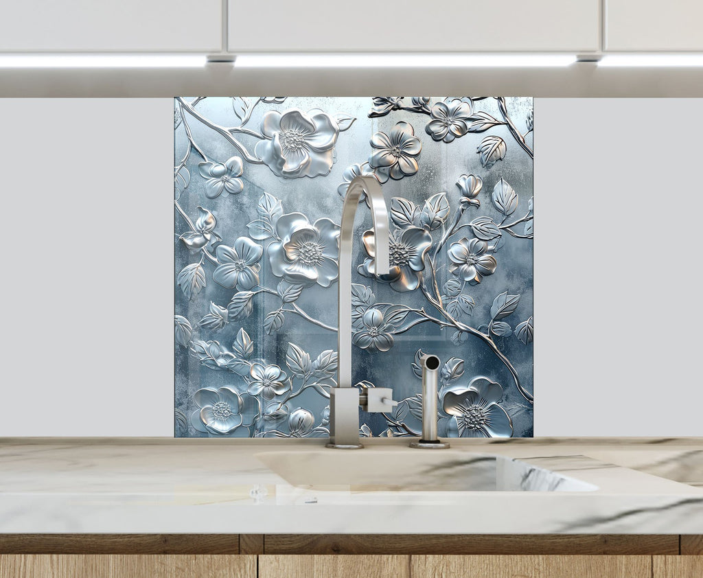 Silver Blossom Elegance - Glass Kitchen Backsplash-BacksplashArtworks