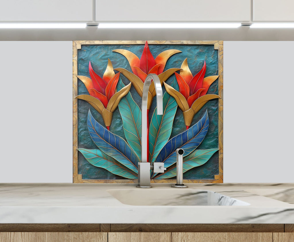 Exotic Bloom Elegance - Glass Kitchen Backsplash-BacksplashArtworks