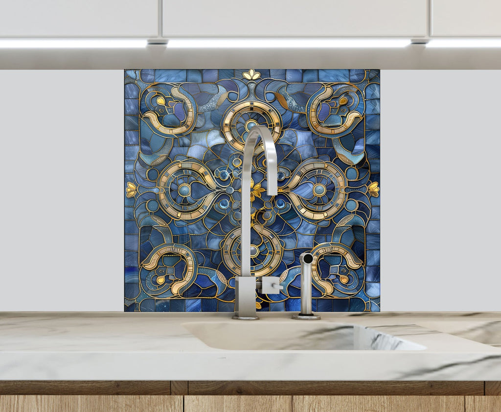 Royal Blue & Gold - Glass Kitchen Backsplash-BacksplashArtworks