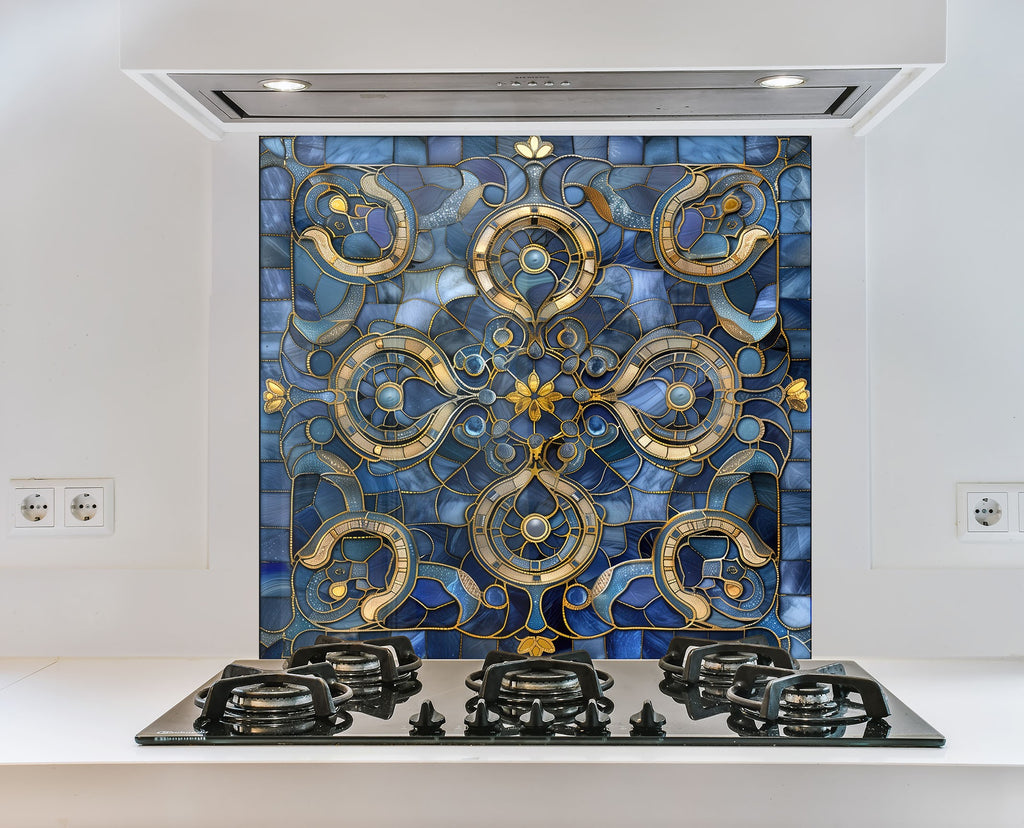 Royal Blue & Gold - Glass Kitchen Backsplash-BacksplashArtworks