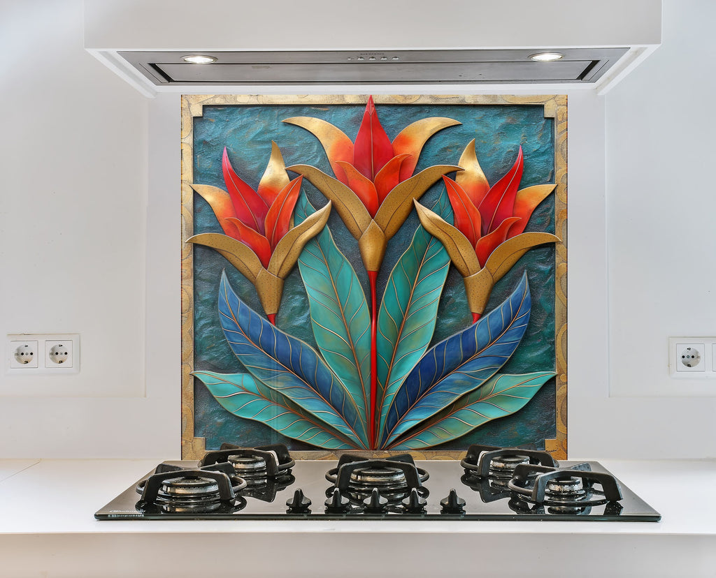 Exotic Bloom Elegance - Glass Kitchen Backsplash-BacksplashArtworks