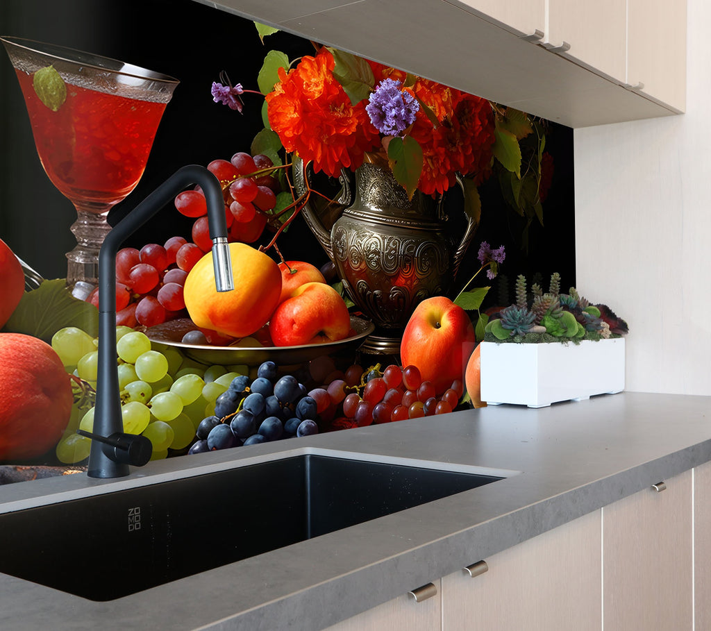 Elegant Fruit & Wine Glass Kitchen Backsplash – Vintage Harvest Design-BacksplashArtworks