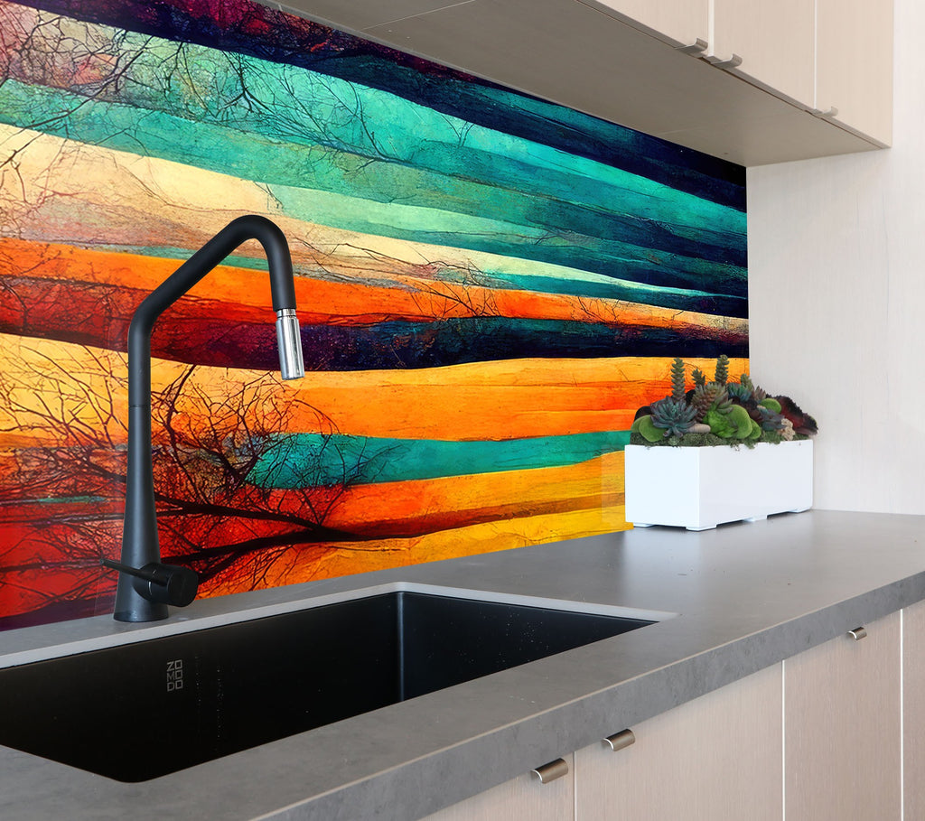 Vibrant Abstract Landscape Wall Art - Tempered Glass Kitchen Backsplash-BacksplashArtworks