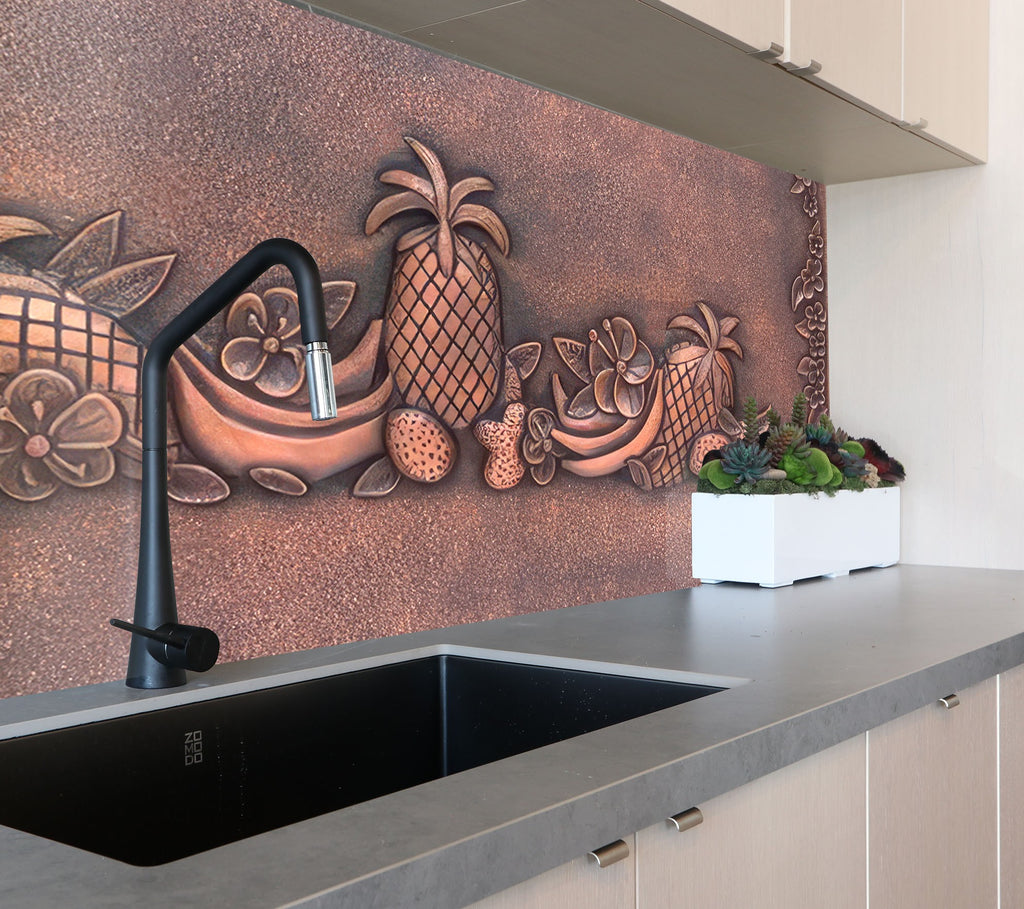 Elegant Metallic Fruit Glass Kitchen Backsplash – Pineapple & Banana Design-BacksplashArtworks
