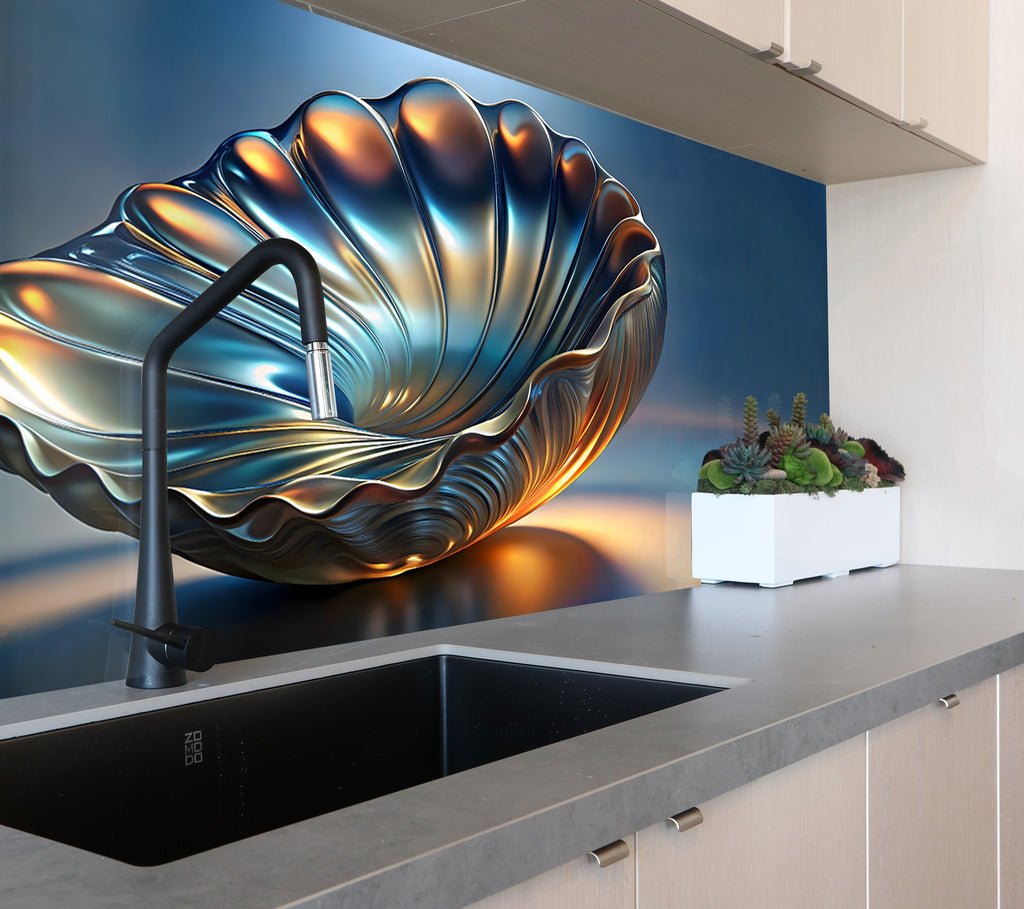 Lustrous Shell - Glass Kitchen Backsplash-BacksplashArtworks