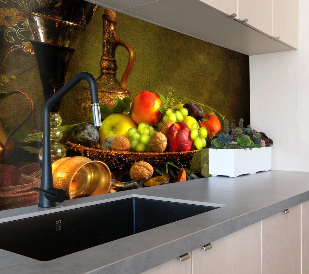Rustic Fruit & Wine Glass Kitchen Backsplash – Vintage Harvest Design-BacksplashArtworks