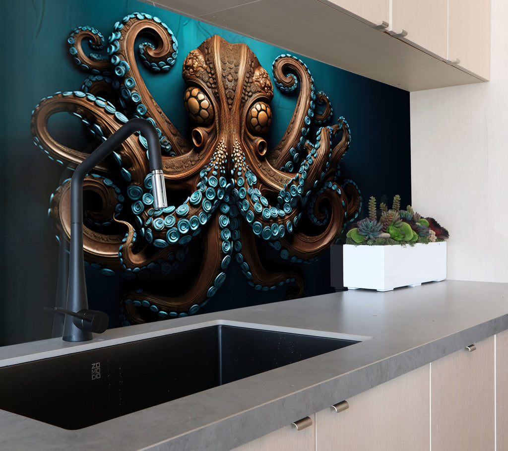 Majestic Octopus - Tempered Glass Kitchen Backsplash-BacksplashArtworks
