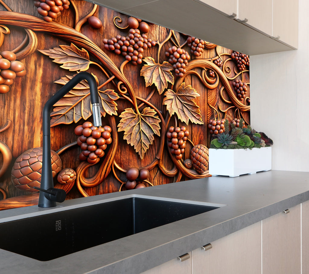 Rustic Grape Vine Glass Kitchen Backsplash – Elegant Vineyard Design-BacksplashArtworks