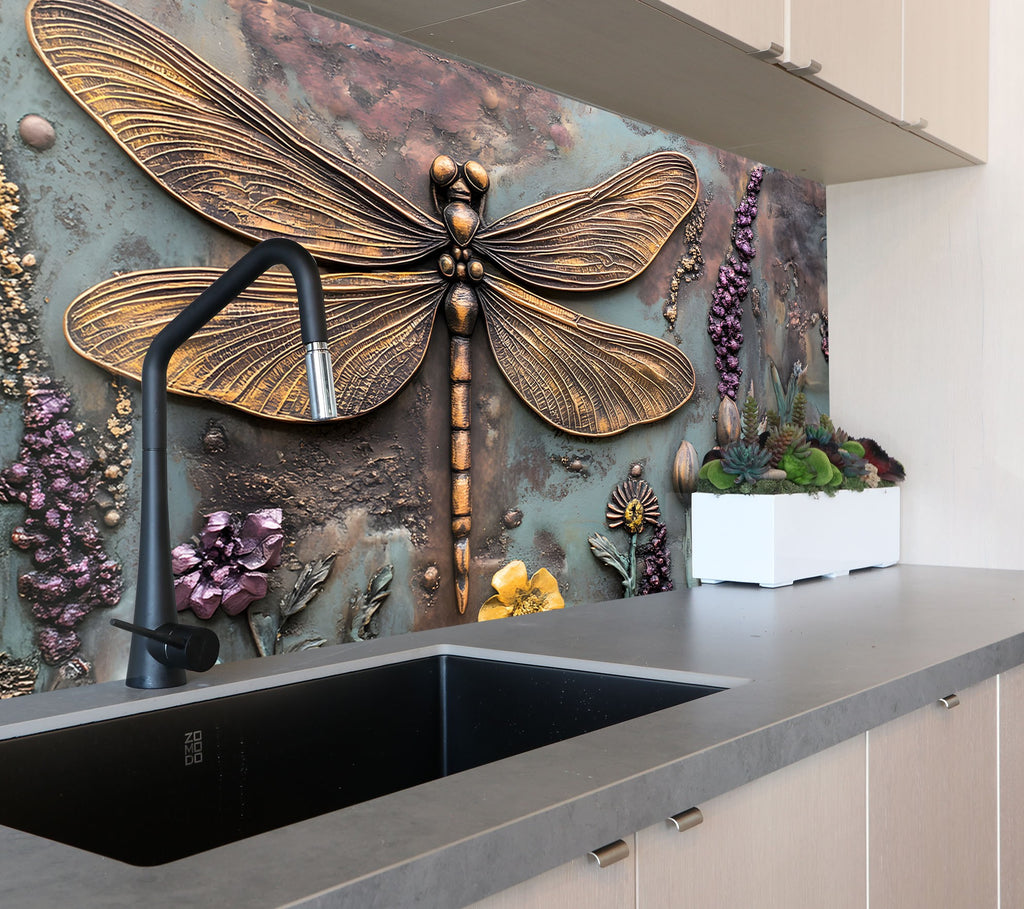 Dragonfly - Tempered Glass Kitchen Backsplash-BacksplashArtworks