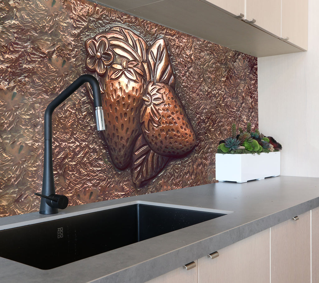 Elegant Strawberry Glass Kitchen Backsplash – Metallic Fruit Design-BacksplashArtworks