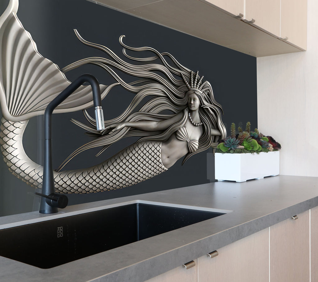Silver Mermaid - Glass Kitchen Backsplash-BacksplashArtworks