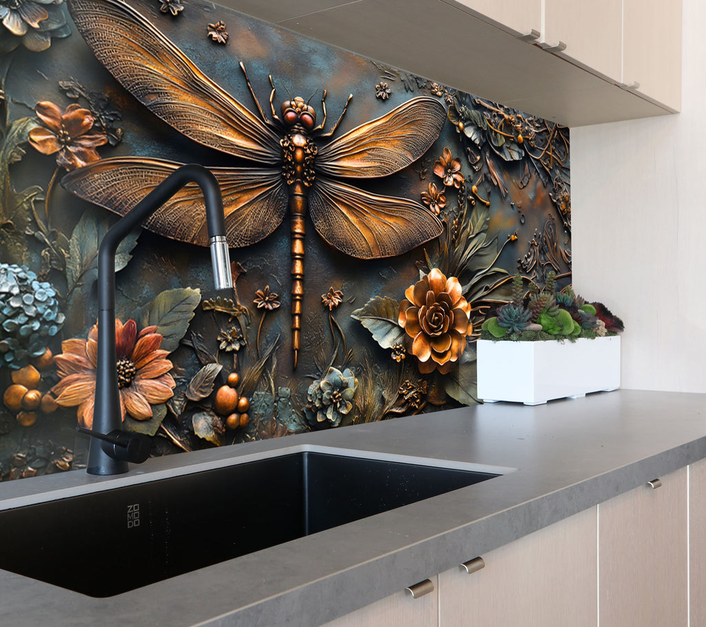 Vintage Bronze Dragonfly - Glass Kitchen Backsplash-BacksplashArtworks