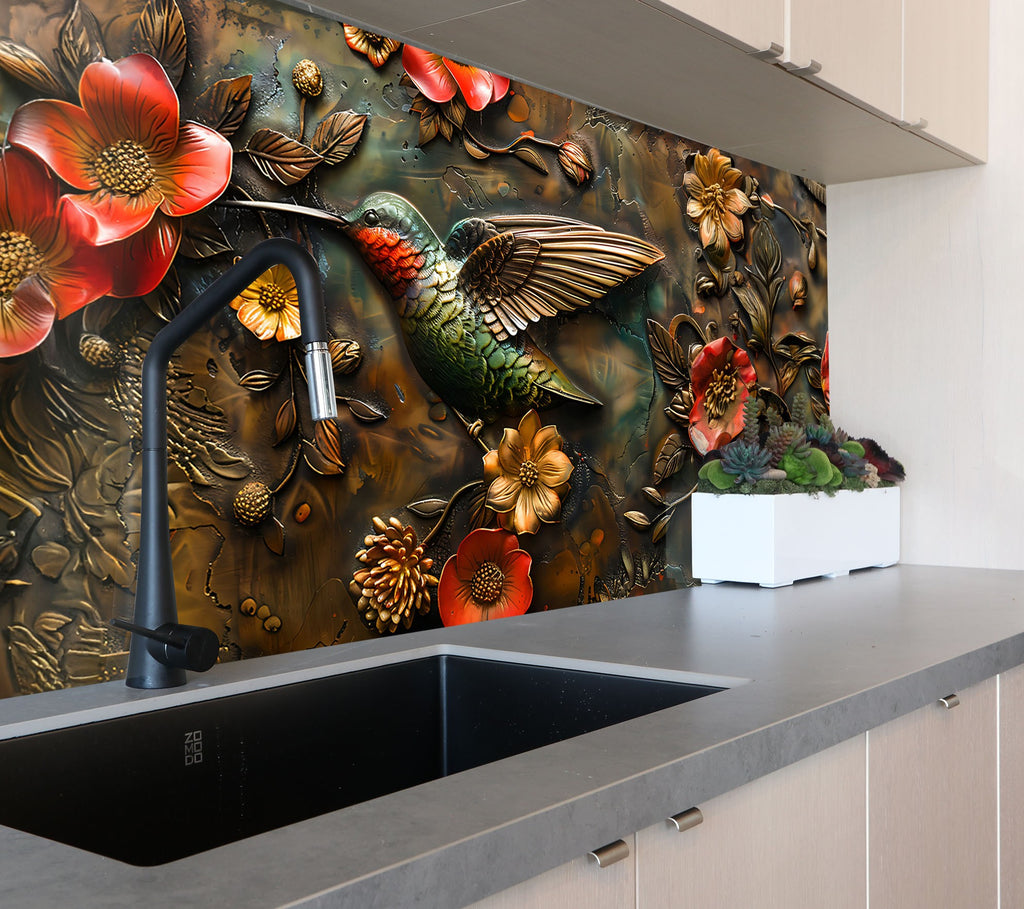 Hummingbird & Flowers - Glass Kitchen Backsplash-BacksplashArtworks
