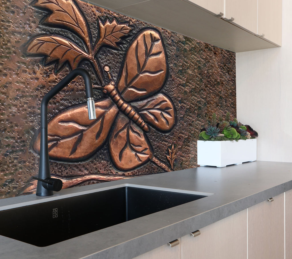Rustic Copper Butterfly - Glass Kitchen Backsplash-BacksplashArtworks