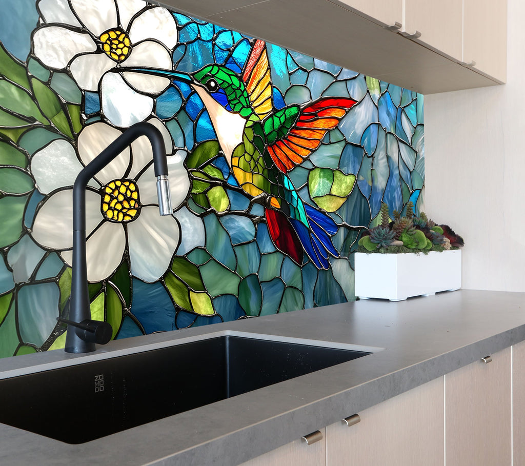 Stained Glass Hummingbird - Tempered Glass Kitchen Backsplash-BacksplashArtworks