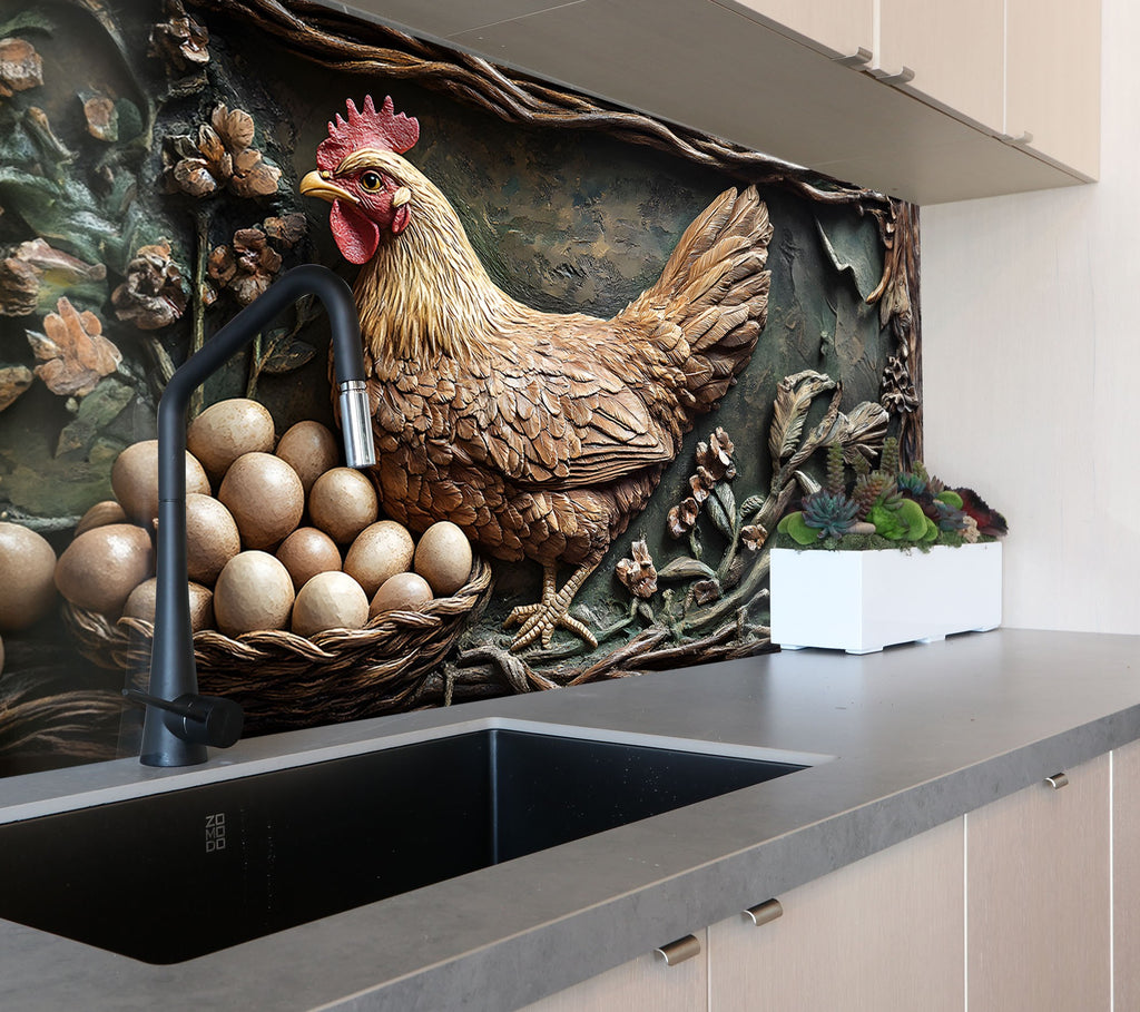 Rustic Farmhouse Hen - Glass Kitchen Backsplash-BacksplashArtworks