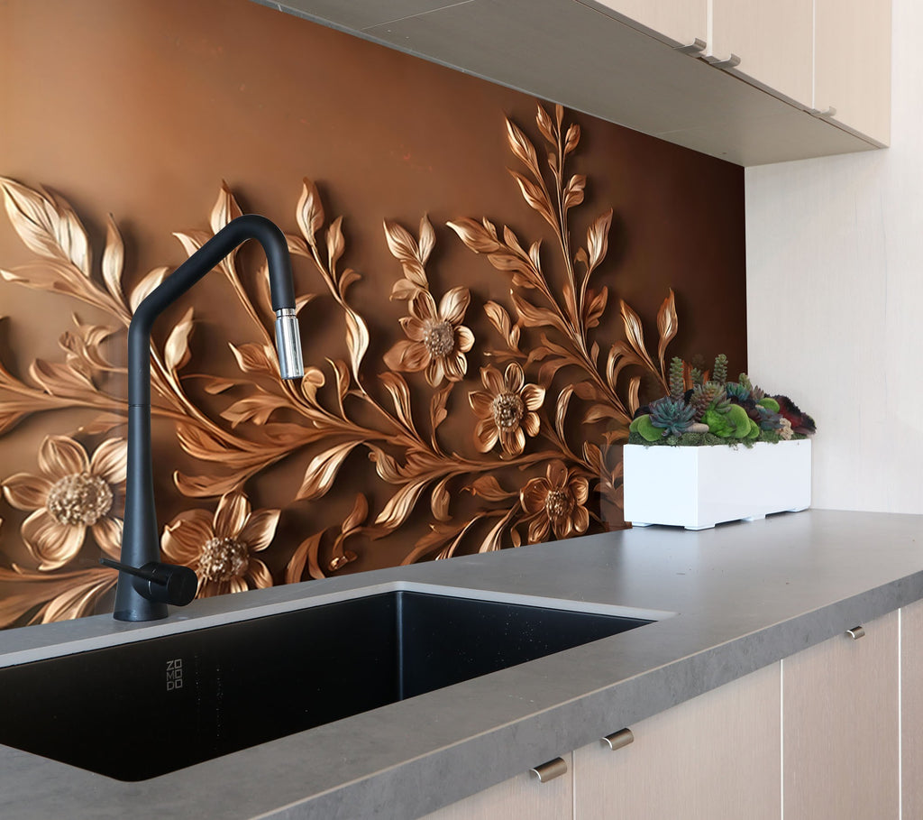 Bronze Floral Embossed - Glass Kitchen Backsplash-BacksplashArtworks