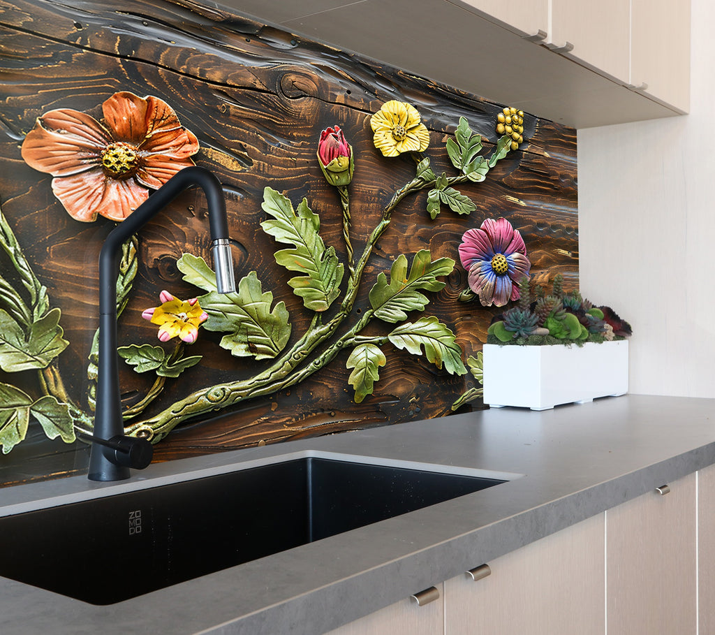 Rustic Botanical Wood Art - Glass Kitchen Backsplash-BacksplashArtworks