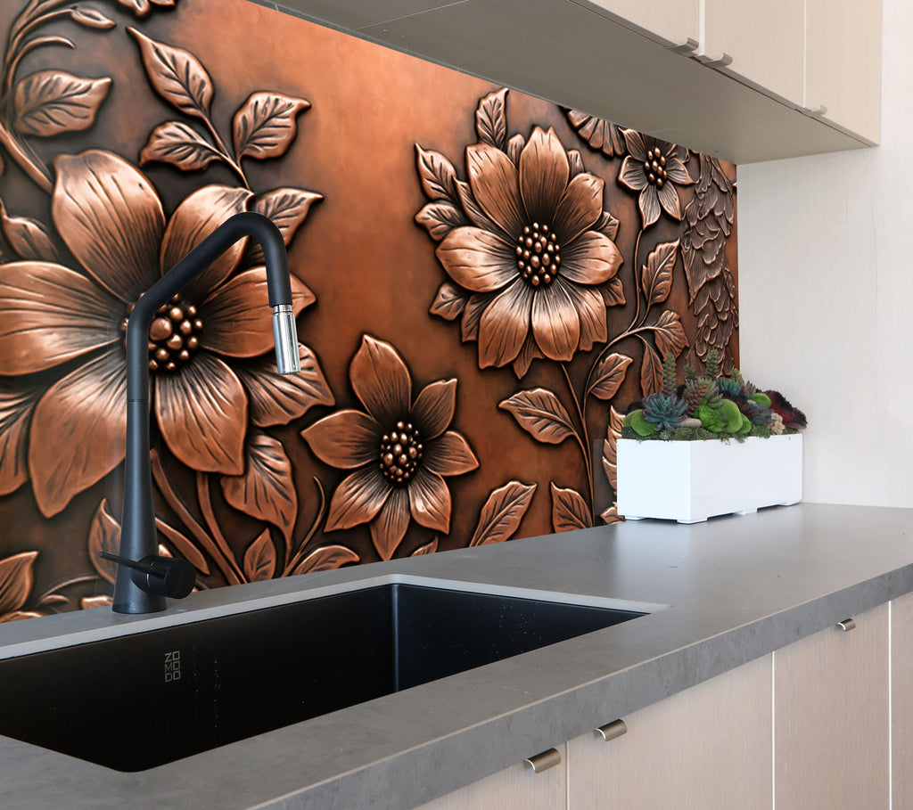 Antique Copper Floral - Glass Kitchen Backsplash-BacksplashArtworks